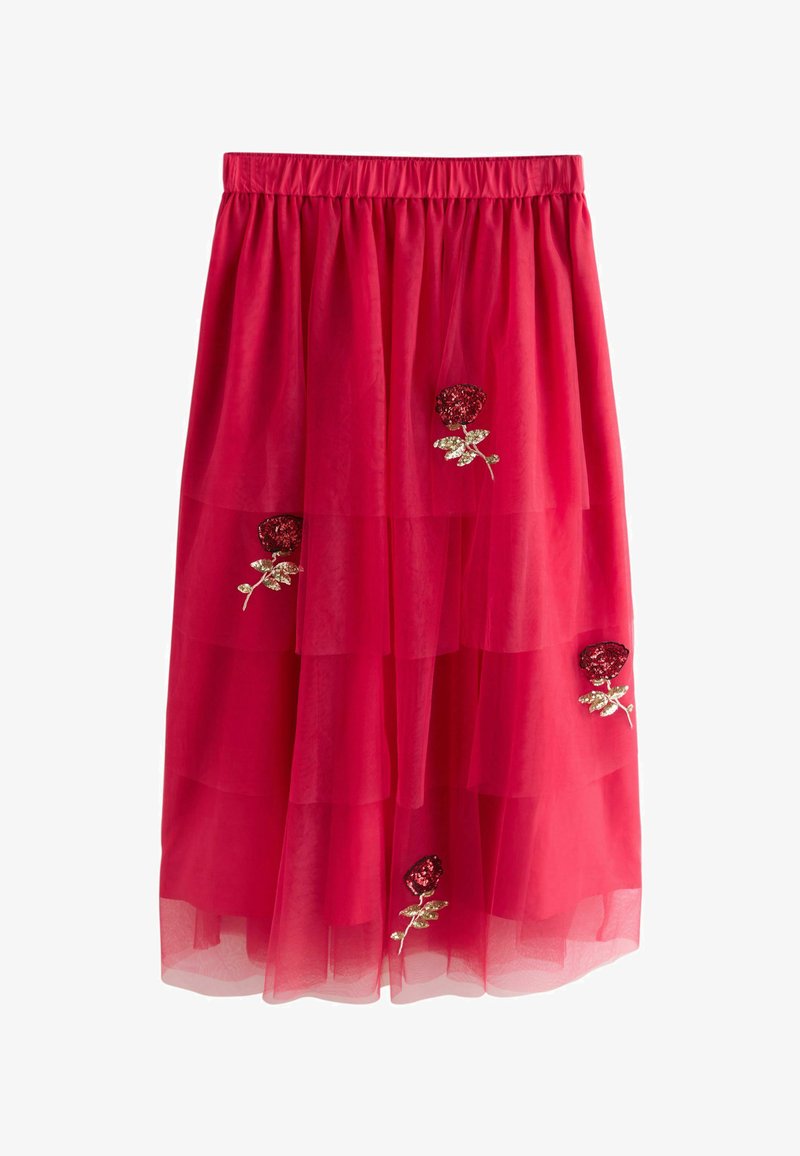 Gonna a strati rossa brillante con vita elastica, decorata con quattro applicazioni di rose con paillettes sparse sul tessuto.