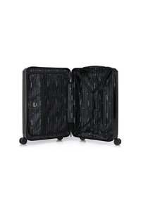 Black hard-shell suitcase with two compartments, featuring a zipper and cross straps. Interior has a striped pattern in blue and gray.