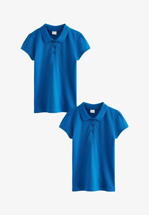 Dve polokošele s krátkym rukávom v živúcej modrej farbe s golierom, tromi gombíkmi a jemnou, textúrovanou tkaninou.