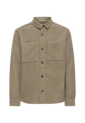 Skjortejakke i olivengrøn med to brystlommer og klassisk krave, lange ærmer og sorte knapper foran.