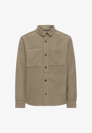 Skjortejakke i olivengrøn med to brystlommer og klassisk krave, lange ærmer og sorte knapper foran.