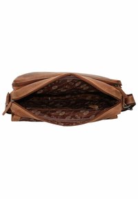 Brown leather shoulder bag with a zip closure, featuring a detailed interior pattern. The bag has a smooth texture and adjustable strap.