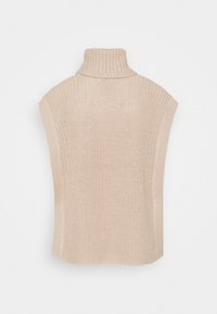 Beige strikket turtleneck poncho med ribbede kanter og en løs pasform, med et tekstureret mønster på hoveddelen og åbne sider.