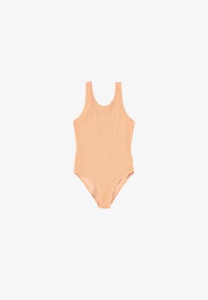 Perzikkleurig eenstukswimkleding met een gewoven textuurdesign, brede schouderbanden en een hoog uitgesneden beenstijl. Geen zichtbare hardware of accenten.