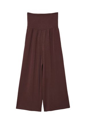 High-waisted wide-leg pants in dark brown stretch fabric with smooth waistband and relaxed fit.