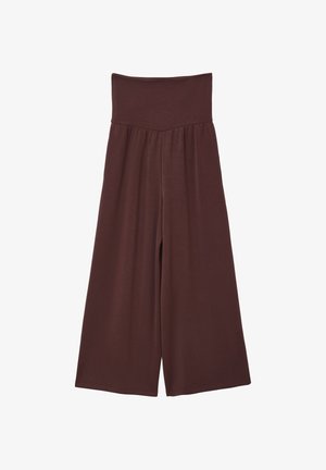 Pantalon large taille haute en tissu extensible marron foncé avec ceinture lisse et coupe décontractée.