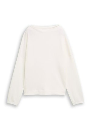 Pull blanc à manches longues avec col ras du cou, coupe ample et épaules légèrement tombantes, présenté à plat sur un fond blanc.