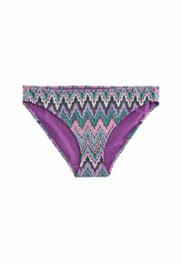Bikini spodky s patternom, ktoré majú zigzagové vzory v purpurovej, zelenej a bielej farbe, s pevným purpurovým vnútorným podšívaním. Mäkká, elastická látka.
