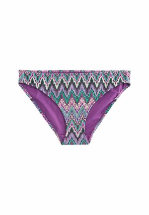 Patronen bikini onderstuk met zigzagmotieven in paars, groen en wit, met een effen paarse binnenvoering. Zacht, rekbaar materiaal.