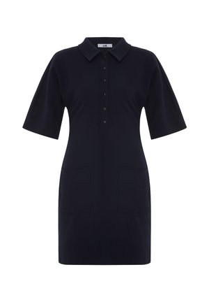 Abito polo blu navy con maniche corte, apertura con bottoni, due tasche frontali, realizzato in un tessuto morbido con una vestibilità comoda e un design semplice.