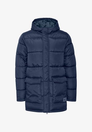 Navy puffer coat with a hood, featuring a boxy design, two front pockets, and a textured, padded finish for warmth. Zipper closure.