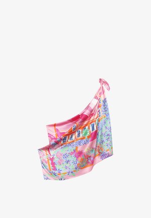 Foulard en soie avec motif floral et architectural coloré en rose, violet, orange et vert, noué lâchement à un coin sur fond blanc.