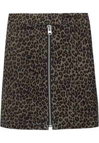 Falda de estampado de leopardo en marrón y negro, con cierre de cremallera en la parte delantera y corte recto. Fabricada con una tela suave y de textura sutil.