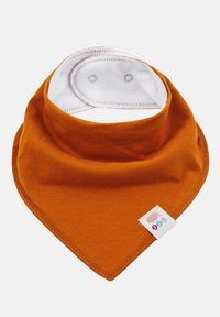 Orange Baumwollbandana mit einem weichen weißen Innenfutter. Verfügt über eine spitze Form, Druckknöpfe und ein kleines Etikett mit einem Design.