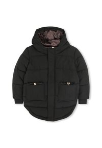 Svart puffjakke med hette, med et kviltet design, to frontlommer med gyldne detaljer, og en glatt brun innfelling.