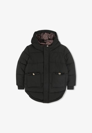 Casaco puffer preto com capuz, apresentando um design acolchoado, dois bolsos frontais com hardware dourado e um forro interior liso em marrom.