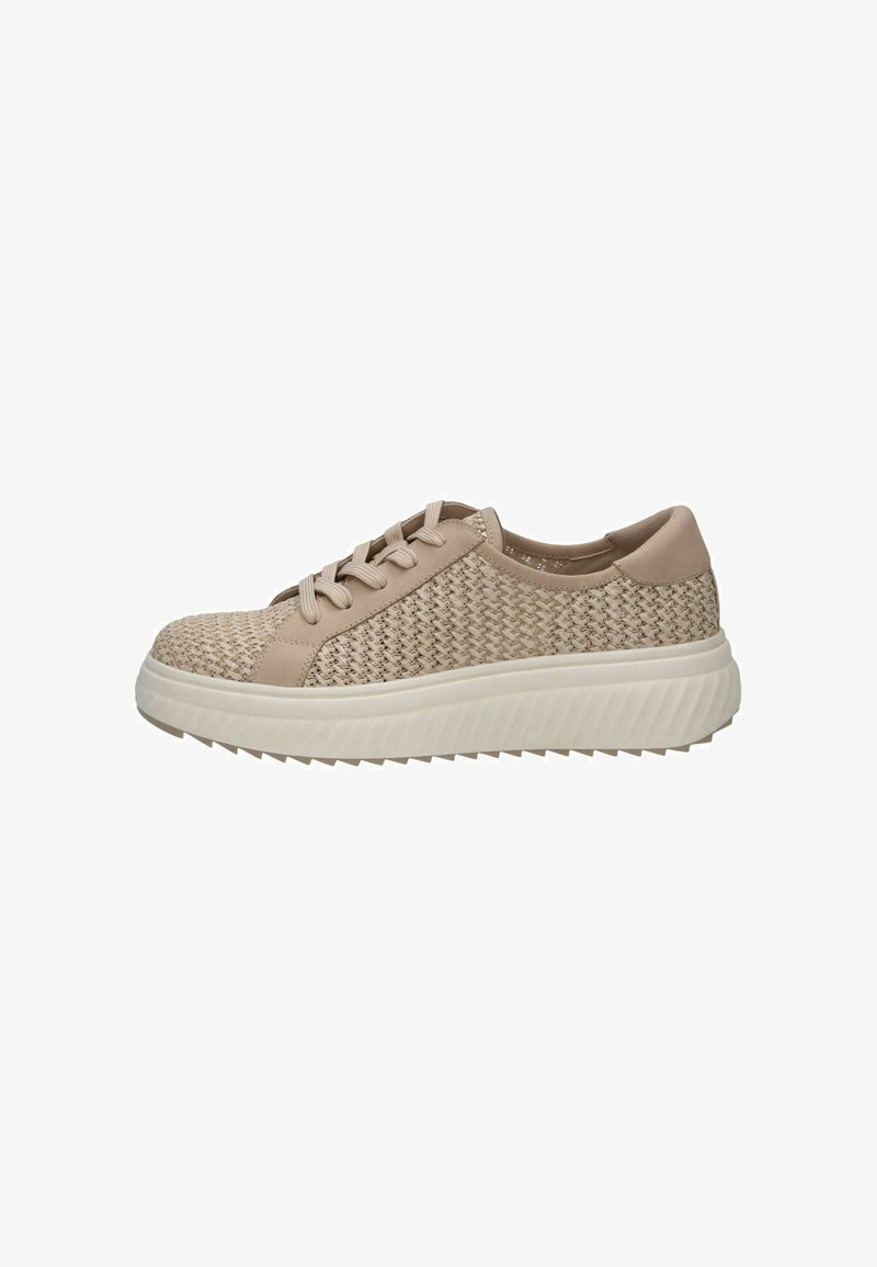 Baskets beiges avec une texture tissée sur la tige. Présentent des accents lisses, un bout rond et une semelle épaisse striée offrant une bonne adhérence.