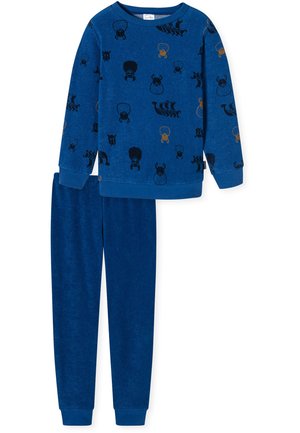 Blaue Baumwollschlafanzug-Set mit einem langärmeligen Oberteil, das verschiedene schwarze und orangefarbene Cartoon-Muster aufweist, kombiniert mit passenden, schmal zulaufenden Hosen.