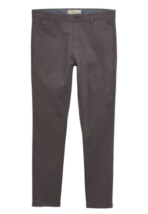 Šedé strečové chinos kalhoty se slim fit, obsahující přední kapsy a zapínání na knoflík. Hladká textura s jednoduchým designem a bez viditelných vzorů.