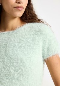 Mátově zelený, chlupatý svetr s krátkými rukávy. Měkká textura s mírně volným střihem a širokým výstřihem do lodi. Bez viditelných vzorů nebo zdobení.