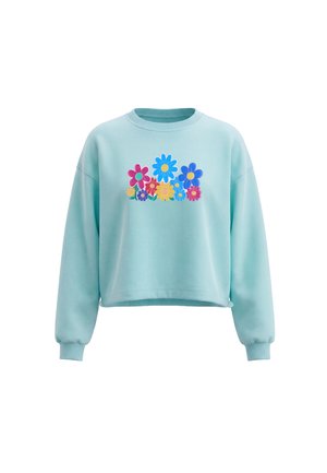 Lyseblå sweatshirt med lange ærmer med farverige broderede blomster i pink, blå, gul og lilla på brystet.