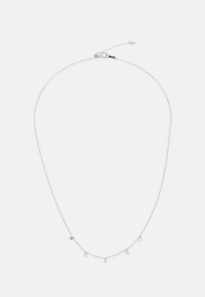 Silver chain necklace featuring five small, teardrop-shaped gemstones, with a lobster clasp and adjustable chain length.