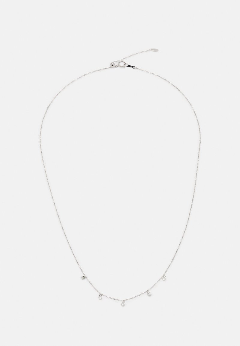 Ασημένια αλυσίδα με κολιέ η οποία διαθέτει πέντε μικρές, σταγωνοειδείς πολύτιμες πέτρες, με κούμπωμα αχινός και ρυθμιζόμενο μήκος αλυσίδας.