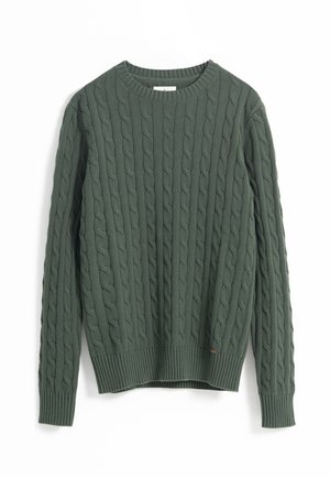 Jersey de punto en color verde, con cuello redondo y dobladillo y puños acanalados. Tejido grueso y texturizado con patrones de cable elevados en toda su superficie.