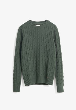 Jersey de punto en color verde, con cuello redondo y dobladillo y puños acanalados. Tejido grueso y texturizado con patrones de cable elevados en toda su superficie.