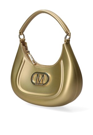 Borsa dorata Marc Ellis con manico curvo, chiusura con zip e logo "M" prominente al centro anteriore.