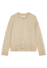 Pull beige en maille avec encolure ronde, poignets et ourlet côtelés. Présente un design légèrement court et une texture douce. Aucun motif visible.