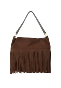 Bolso de ante marrón con un diseño de flecos, que presenta una correa gris y acentos de hardware en tono dorado en los puntos de fijación.