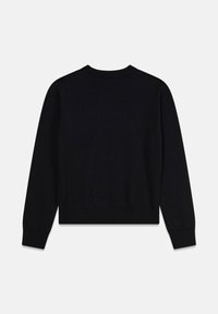 Maglione nero lavorato a maglia con scollo tondo, polsini e orlo a coste, caratterizzato da un design semplice e uniforme. Il tessuto presenta una texture liscia.