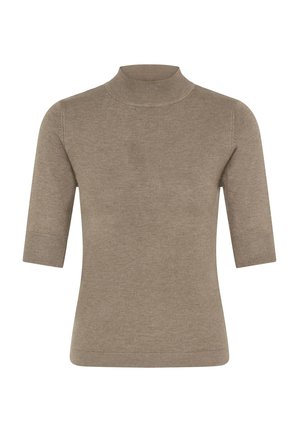 Braun, gerippter Rollkragenpullover mit kurzen Ärmeln, glatter Textur, taillierter Silhouette und einem klaren, minimalistischen Design.