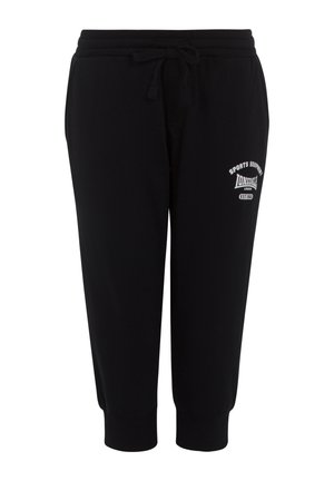 Pantalones jogger negros hechos de tela suave, con cintura ajustable con cordón, puños acanalados y un detalle de logo blanco en un lado.