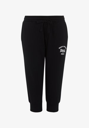 Zwarte joggerbroek gemaakt van zachte stof, voorzien van een taille met trekkoord, geribbelde boorden en een witte logo-detail aan één zijde.