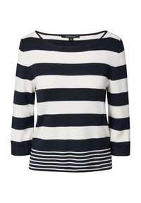 Sweter w niebiesko-białe paski z rękawami o długości trzech kwart, szerokim dekoltem, prążkowaną fakturą i poziomym wzorem w paski u dołu.