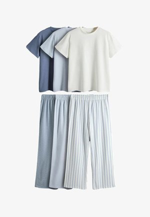 Three short-sleeve T-shirts in dark blue, light blue, and white, paired with three elastic-waist pants in blue tones and stripes.