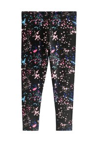 Svarta leggings med ett splattermönster som har rosa, blå och vita detaljer. Tillverkade av ett elastiskt tyg med en mjuk yta.
