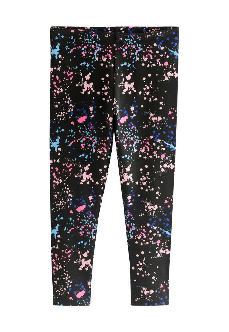Svarta leggings med ett splattermönster som har rosa, blå och vita detaljer. Tillverkade av ett elastiskt tyg med en mjuk yta.