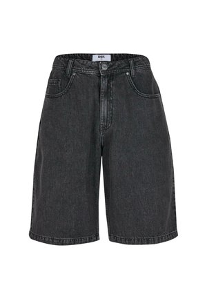 Mustad denim lühikesed püksid otse lõikega, nuppude sulgemisega, vöödega ja ees olevate taskutega. Kangal on tekstureeritud, veidi kulunud viimistlus.