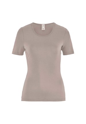 Hellbraunes, figurbetontes T-Shirt mit kurzen Ärmeln und rundem Ausschnitt, vor weißem Hintergrund dargestellt.