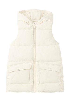Gilet imbottito senza maniche colore crema con cappuccio, zip frontale, due grandi tasche con patta e bottoni a pressione sul lato.
