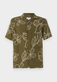 Short-sleeve olive green shirt with white floral embroidery, button-down front, and relaxed fit. Soft texture, casual design suitable for warm weather.