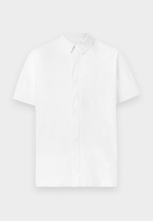 Short-sleeve white shirt with a button-down collar, made from a smooth fabric, featuring a front placket and a clean, minimalist design.