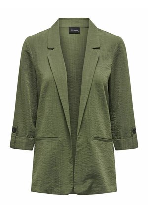 Olivgrünes Blazer mit strukturiertem Finish, Reversärmel, hochgerollte Ärmel, die mit Knöpfen gesichert sind, und zwei Fronttaschen. Leichtes Material.