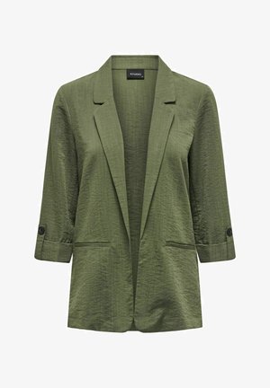 Olive roheline jakk tekstuuriga viimistlusega, nurgelised läbib, rullitud varrukad, mis on kinnitatud nuppudega, ning kaks eesmist taskut. Kerge materjal.