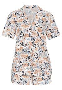 Floral short-sleeve pajama set featuring beige, blue, and dark floral patterns on a light background. Lightweight fabric with button closure.