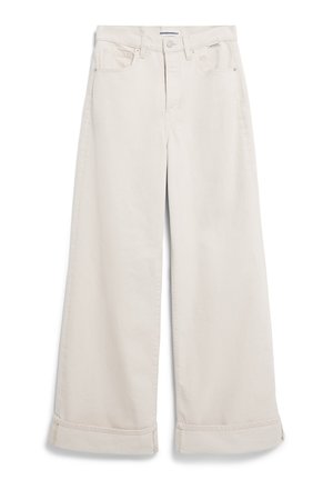 Wijde broekspijpen in lichtbeige denim. Heeft een hoge taille, twee voorkruiden en opgerolde manchetten. De stof ziet er zacht en textuurrijk uit.