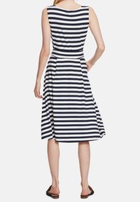 Navy and white striped sleeveless dress with a fitted waist and flared skirt, made from a soft fabric. Back view displaying length and design.